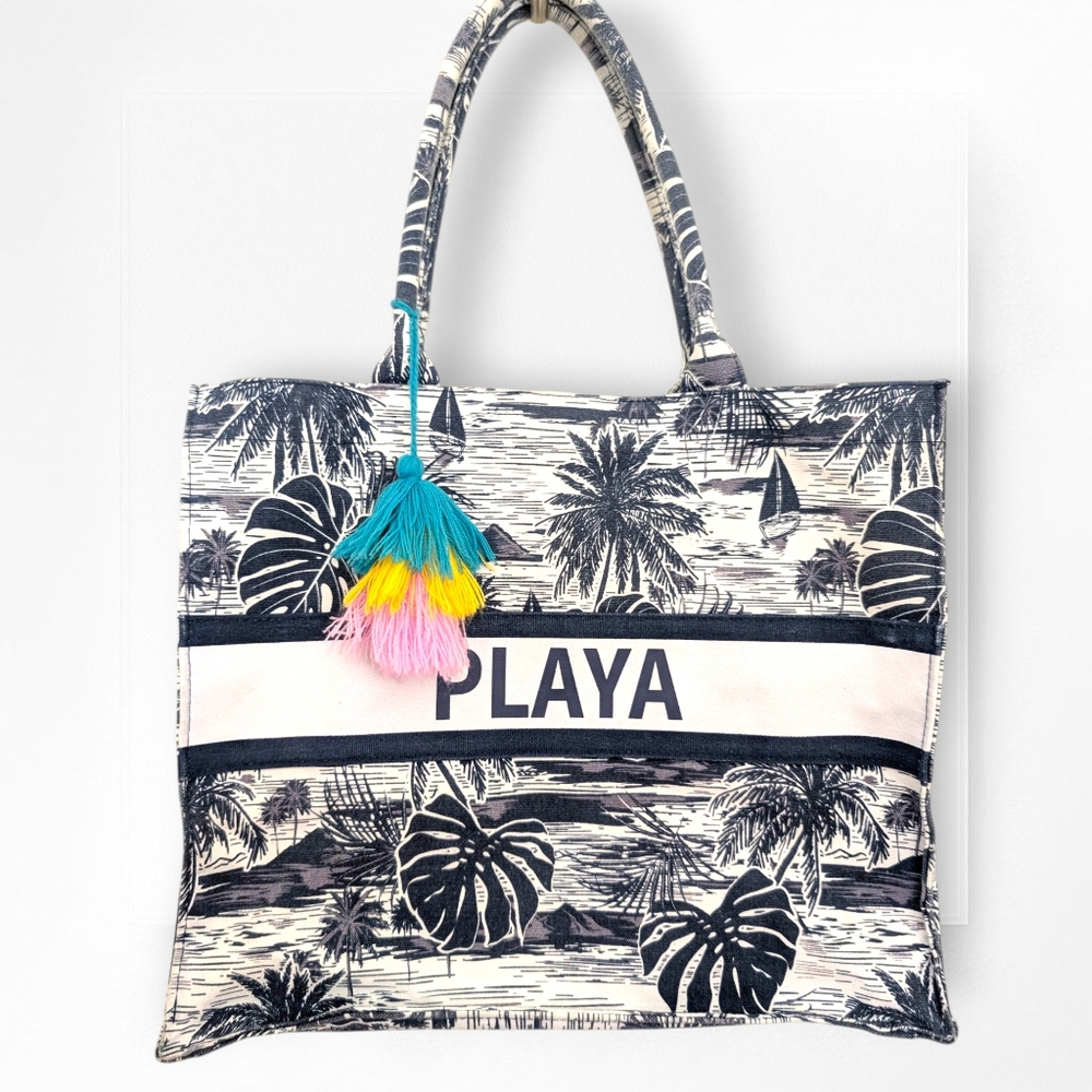 Canvas Beach Bag Large Tote Playa Print Blue White Water Resistant Stripe